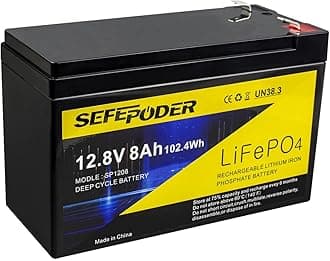 12V 8Ah LiFePO4 Lithium Deep Cycle Battery, 2000+ Cycles Rechargeable Battery for Solar/Wind Power, Lighting, Power Wheels, Fish Finder and More with Built-in 8A