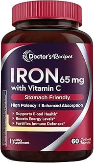 Iron Supplement 65 mg with Vitamin C - Maximized Absorption & Stomach Friendly Iron Pills for Red Blood Cells Formation, Heart, Brain & Immunity Health - Vegan Non-GMO 60 Iron Tablets