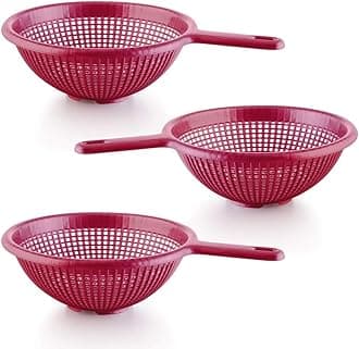 YBM Home 8.5 Inch Plastic Strainer Colander with Long Handle – Made of Food Safe BPA-Free Plastic - Use for Pasta, Noodles, Spaghetti, Vegetables and More 31-1129-red-3 (3, Red)