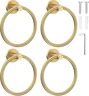 SetSail Towel Holder for Bathroom Wall Screw-in Gold Towel Ring Stainless Steel Hand Towel Holder 4 Packs Towel Hanger for Bath, Kitchen