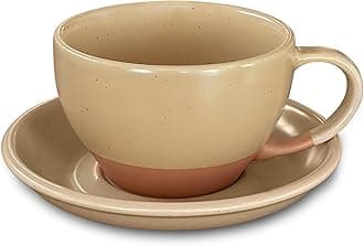 Mora Ceramic Latte Art Mug With Saucer - 10.5 oz, Round Bottom For Perfect Pours - Cafe Cups for Cappuccino, Espresso, Coffee, Tea etc - Porcelain Set for Baristas, Great Gift - Bisque Tan