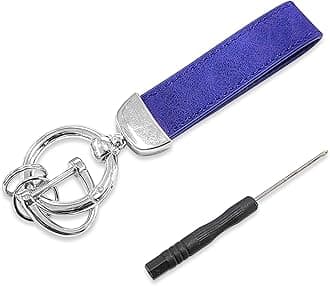 Kewucn Genuine Leather Car Keychain, Universal Heavy Duty Metal Auto Key Fob Holder with Anti Lost D-Ring for Men Women （Silver-Navy Blue）