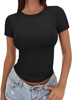 Womens Stretchy Soft Opaque Basic T Shirts - Slim Fit Short Sleeve Y2k Cute Summer Crop Workout Tops