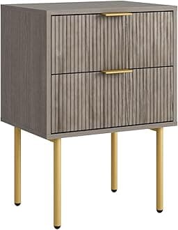 Masupu Night Stand,Mid-Century Modern Bedside Table with 2 Storage Drawer,Small Gold Frame Side End Table for Bedroom,Living Room, Grey