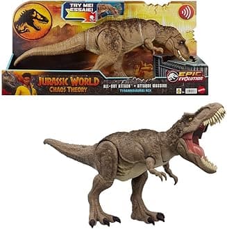 Mattel Jurassic World Chaos Theory All-Out Attack Tyrannosaurus Rex Dinosaur Action Figure Toy, T. rex with Rampage Attack, Chomp & Roar & Evolved Spikes, Digital Play