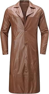 Men's Trench Coat, Solid Color Pu Leather Full Length Windbreaker Gothic Faux Leather Steampunk Overcoat Casual Outwear Lapel Windproof Motorcycle Button Up Long Trench Coat for Winter
