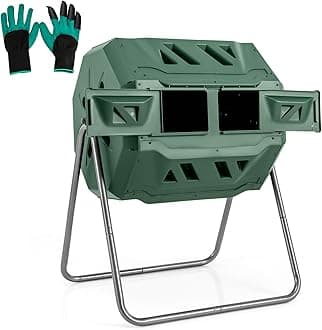 Goplus Compost Bin, Outdoor 42-Gal Dual Chamber Composting Tumbler w/2 Sliding Doors, Heavy-Duty Metal Frame, 360° Rotatable Tumbling Composter, BPA-Free Compost Tumbler for Kitchen Garden Yard Waste