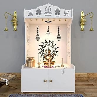 WALLMANTRA Surya Chakra MDF Wood Temple with Spacious Shelf & Inbuilt Focus Light- White