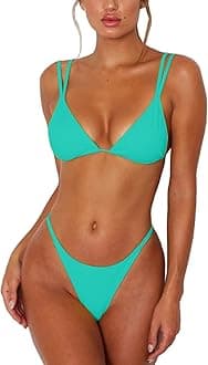 Women's Sexy Thong Bottom Two Piece Bikini Double Shoulder Straps Cute Swimsuit Triangle Bathing Suit