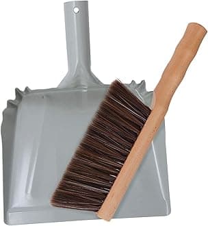 Metal Dust Pan and Brush Set Soft Bristle Wooden Broom Heavy Duty for Fireplace, Garage, Workshop
