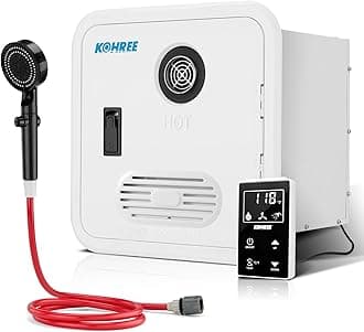 - 2025 Upgraded Kohree RV Tankless Water Heater, 60,000 BTU RV Water Heater with 15 x 15 inches White Door, Remote Controller and External Shower, 12V DC, Instant Hot Water Heater for RVs, Campers
