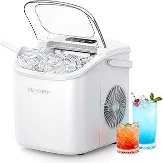 EUHOMY Countertop Ice Maker Machine with Handle, 26lbs Per Day, 9 Ice Cubes Ready in 6 Mins, Auto-Cleaning Portable Ice Maker with Basket and Scoop, for Home/Kitchen/Camping/RV (White)