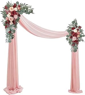 Artificial Wedding Arch Flowers Kit(Pack of 3),2Pcs Artificial Flower Arch Decor,1Pcs Sheer Drape for Wedding Ceremony Arbor for WeddingCeremony (Cream red)