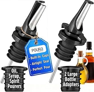 Poura Spirit Pourers - Hygienic ClickSeal Alcohol Speed Pourer Spouts - Stops Barfly, Dishwasher Safe. Also for Olive Oil, Juice, Syrup. Black 2 Pk with Adapters for Large Bottles