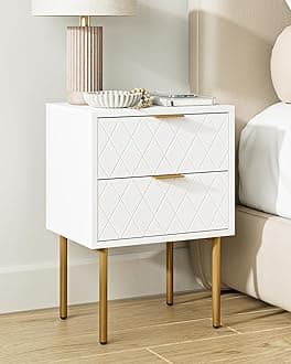 Nightstand,Small Bedside Table with Gold Frame,White Night Stand,Bedside Furniture,Side Table with Drawer and Shelf for Bedroom,Living Room (Modern-Diamond, White-2Drawer)