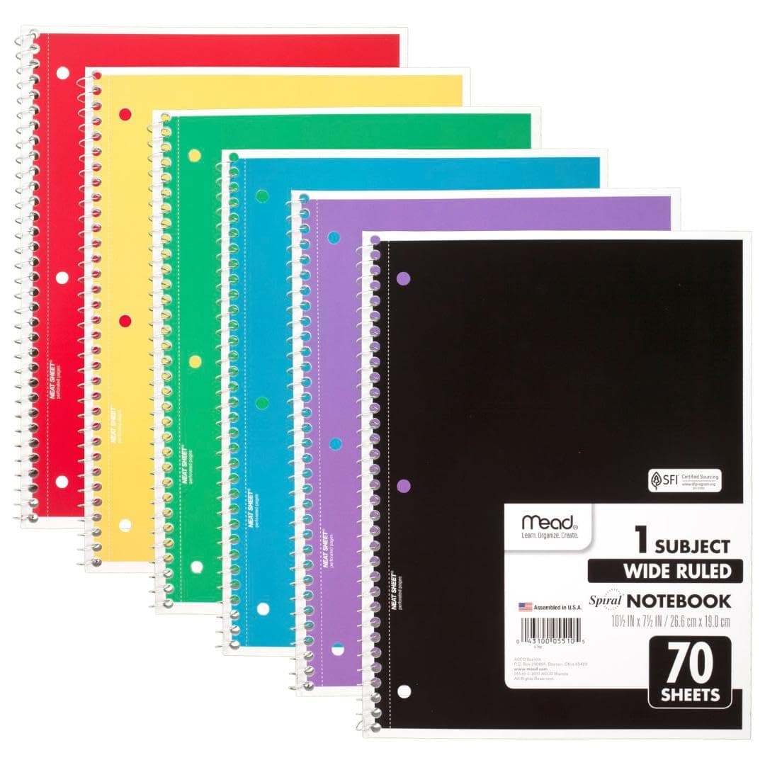 Mead Spiral Notebook, 6 Pack, 1 Subject, Wide Ruled Paper, 7-1/2" x 10-1/2", 70 Sheets per Notebook, Colors Will Vary (930201-ECM25)