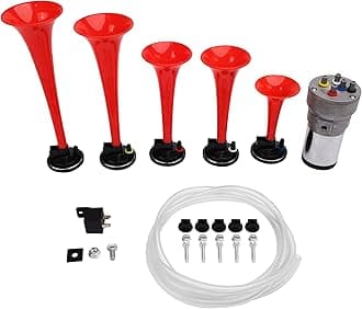 Air Horns La Cucaracha Musical Horn 5 Trumpet Music Sound Air Horn with Compressor Play Lacucaracha Melody Red 12V 150db for Train Truck Car Boat RV UTV Motorcycle (LACUKARACHA Musical Horns)