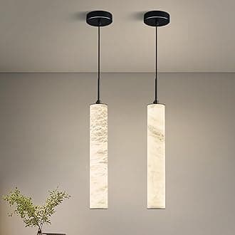 LMQNINE Natural Alabaster Pendant Lights for Kitchen Island White Marble Long Tube Chandelier Modern Black Ceiling Light Fixtures for Bedroom Dining Room Table Living Room Hallway(M-2Pack)
