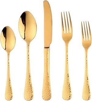 5-Piece Gold Silverware Flatware Set Service for 1 Stainless Steel Cutlery Set Include Dinner Knife Table Fork Table Spoon Salad Fork Tea Spoon for Wedding, Dishwasher Safe