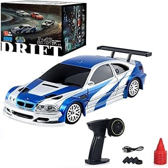 Mini RC Car, 1:43 High Speed Race Car, 2.4GHz 4WD Hobby Toy Car with LED Lights and Drift Tires for Adults (Blue+White)
