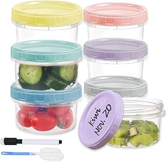 6pcs 8 oz Plastic Containers with Screw Lids, Reusable Clear Food Storage Containers with Pen and Brush for Snack Salad Fruit, Leakproof Small Freezer Containers, Microwave & Dishwasher Safe