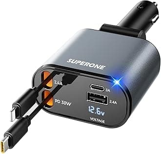 SUPERONE 【Upgraded】 Retractable Car Charger 4 in 1, Fast Car Phone Charger with Cord 2.6ft, USB C and Apple Car Charger Adapter, Compatible with iPhone 17 16 15/15 Pro Max/14/13/12/11, Galaxy, Pixel