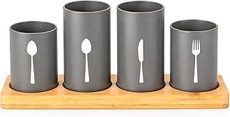 Innoteck 4pc Kitchen Cutlery Holder Set - Modern Farmhouse Kitchen Décor - Natural Bamboo - Matt Grey Utensil Crock - Vintage Organizer - Tool Caddy - Countertop Storage