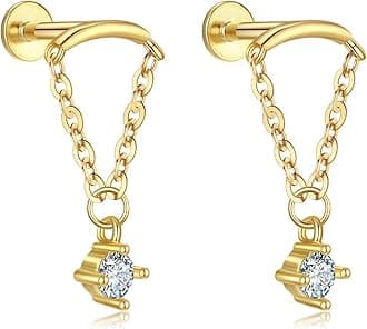 Gold Helix Earrings for Women Flat Back Earrings Hidden Helix Earring Dangle Drop Tassel Chain Earring 2Pcs Cartilage Studs Silver Cubic Zirconia Sparkling Earrings Opal Jewelry