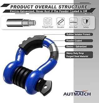 AUTMATCH D-Ring Shackle 3/4" (Set of 2) Approx 19 Ton Break Strength 7/8" Screw Pin Shackle Isolator with Washer Tow Strap Winch Off-Road Vehicle Recovery 3/4" Shackle Blue/Black