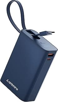 Ambrane 20000mAh Pocket Size Power Bank with Inbuilt Type-C Cable, 22.5W Fast Charging, Type-C PD & USB Output, Portable Mini Powerbank for iPhone, Android & Other Devices (MiniCharge 20, Black-Blue)