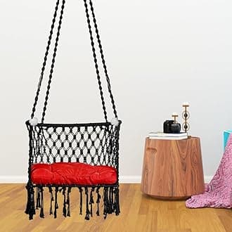 Swing/ Swing for Balcony/ Swing for Adults/ Swing Chair for Adults for Home/ Hammock Swing for Adults/ Swing for Living Room/ Swing for Outdoor Premium C Shape Swing Chair with Red Cushion (Black)