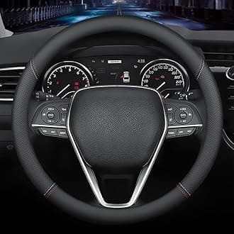 LKWLIKEI Nappa Premium Leather car Steering Wheel Cover, Non-Slip, Breathable, Universal 15 inches (red Blue line)