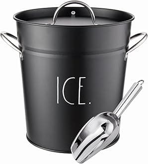 Rae Dunn Ice Bucket with Scoop - Stainless Steel Bucket with Handle, Lid and Ice Scooper - 4 Qt. Storage Bin for Ice Cubes for Bars, Parties, Backyard Barbeques, Picnics, and Camping (Black)