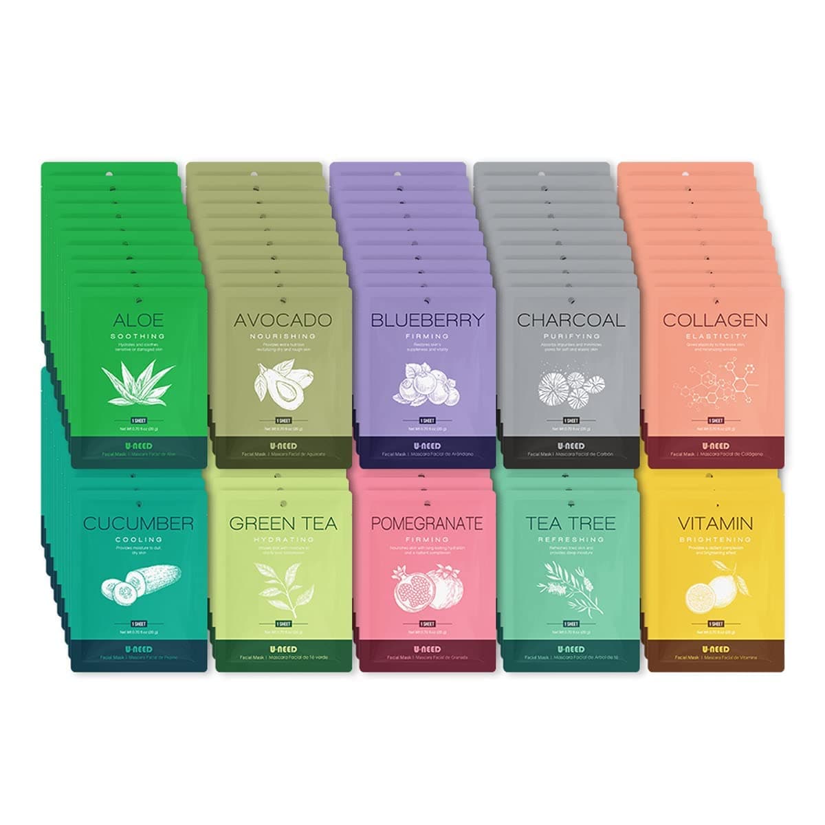 U-NEED 100 pcs Korean Face Sheet Mask (10 Types x 10 pcs) Natural Facial Mask Sheet | Tencel | Skin Care | Made in Korea | Moisturizing & Tightening | Pigment Balancing | K-Beauty