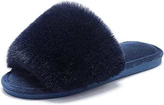 Parlovable Women's Faux Fur Slippers Fuzzy Flat Spa Fluffy Open Toe House Shoes Indoor Outdoor Slip on Memory Foam Slide Sandals