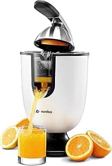 Eurolux Electric citrus juicer for orange, lemon, grapefruit, soft stainless steel handle and tapered lid for easy use.