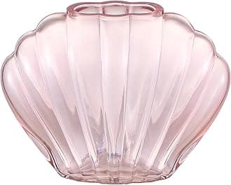 Pink Glass Vase, Glass Flower Vase, Ribbed Seashell Vases for Centerpiece, Small Shell Vases, Living Room, Dining Table, Bedroom, Bookshelf, Office, Wedding Decor, 7 Inches