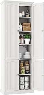 Function Home 72" Kitchen Pantry Cabinet, Tall Wood Storage Cabinet with Doors and Adjustable Shelves, 6-Tier Freestanding Cupboard for Kitchen Dining Room Living Room Bathroom, White