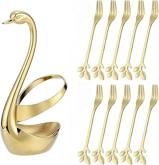 Decorative Swan Base Holder with 10pcs 4.7‘’ dessert fork set, Creative Gold Leaf fruit fork，Premium Food Grade Stainless Steel,Mirror Finish & Dishwasher Safe(Gold Swan Base Holder+10Fork)