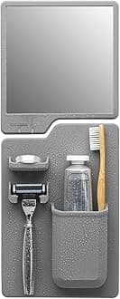 The Harvey & Oliver Set- Toothbrush & Razor Holder and Fog Resistant Mirror - Silicone Shower & Bathroom Accessory - Features Silicone-Grip Technology, Removable & Reusable - Grey