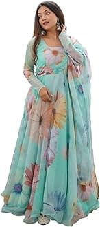 Womens Organza Stylish Floral Printed Orgenza Anarkali Ankle Length Dress Gown, Kurta with Dupatta Set Anarkali Gown with Dupatta