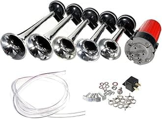 5pcs 12V 125dB Dixie Musical Sound Air Horn Kit 5 Powerful Super Loud Trumpet with Compressor for Any 12V Vehicle Car Truck Boats（Silver）