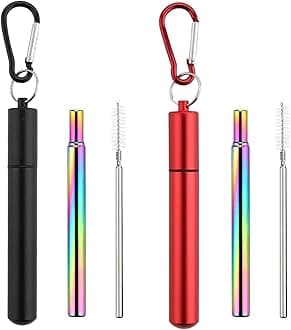 Foweroty2 Packs Collapsible Stainless Steel Drinking Straws, Reusable Straws, Travel Retractable Straws with Aluminum Case, Cleaning Brush, and Keychains(Black&Red)