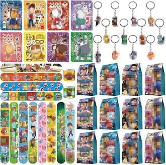 Party Bag Fillers for Kids, 52PCS Kids' Party Favours 16 Stickers 12 Paper Party Bags 12 Keyrings 12 Snap Bands for Kids Party Childrens Party Bag Fillers Stocking Fillers for Boys Girls