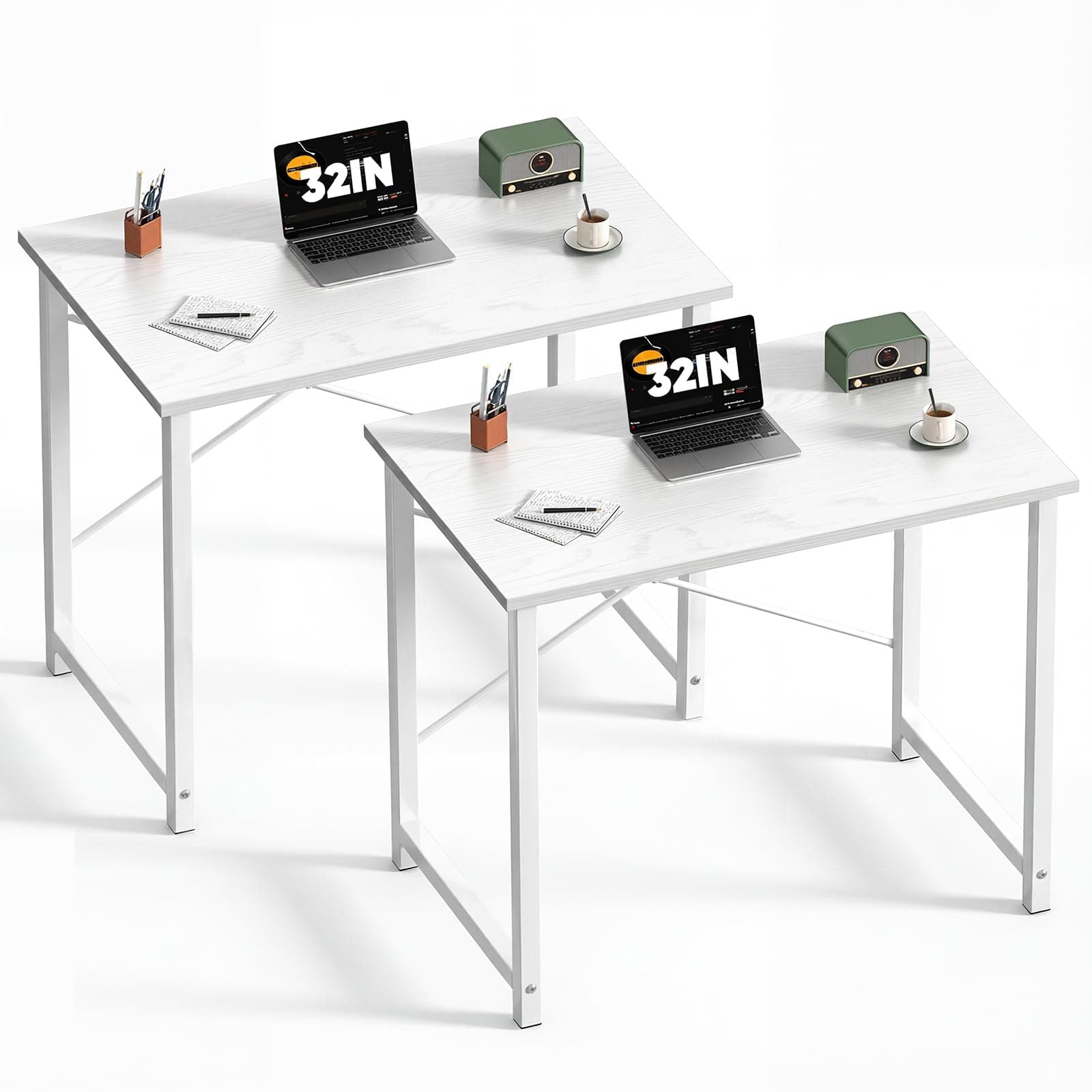 Sweetcrispy Small Computer Office Desk 32 Inch Student Study Writing Work with Metal Frame Wood Tabletop Modern Simple Home Bedroom PC Table - White, 2 Pack