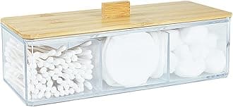 Acrylic Qtip Dispenser with Wood Lid - 3 Compartment Bathroom Organizer for Q Tip, Cotton Swab and Cotton Pad Holder, Vanity Storage Organization for Countertop and Drawer