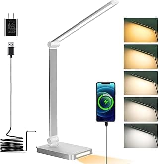 LED Desk Lamp with USB Ports,Touch Desk Lamps for Home Office with 5 Color Modes,3 Brightness Desk Light with Small Night Light,Reading Lamp Table LED Lamp for Bedroom Bedsid Study Sliver