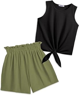 Arshiner Girl's 2 Piece Outfits Summer Tie Knot Tank Top and Paperbag Waist Pocketed Short Sets