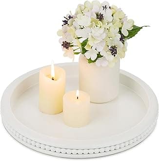 Hanobe Decorative Serving Tray Wood: White Bead Round Tray for Coffee Table Rustic Wooden Trays Decor Farmhouse Kitchen Counter Circle Tray Vintage Centerpiece for Living Room Home Organizer