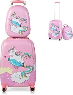 2PCS Kids Luggage Set, Hard Shell Children Trolley Case with 4 Universal Wheels, Girls Boys Suitcase and Backpack Set for Travel (Pink Unicorn, 12"+18")